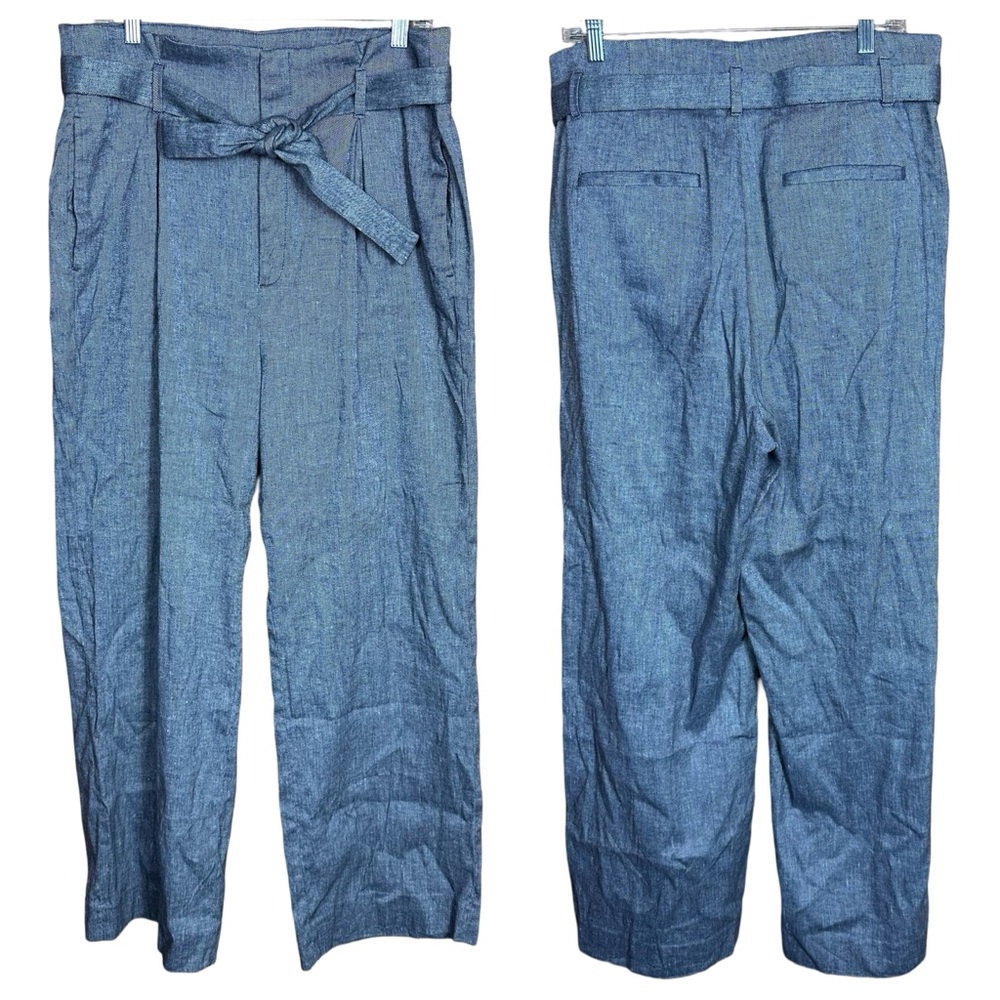Banana Republic Cotton Linen Wide Leg Blue White Paperbag Waist Trouser Pants 14